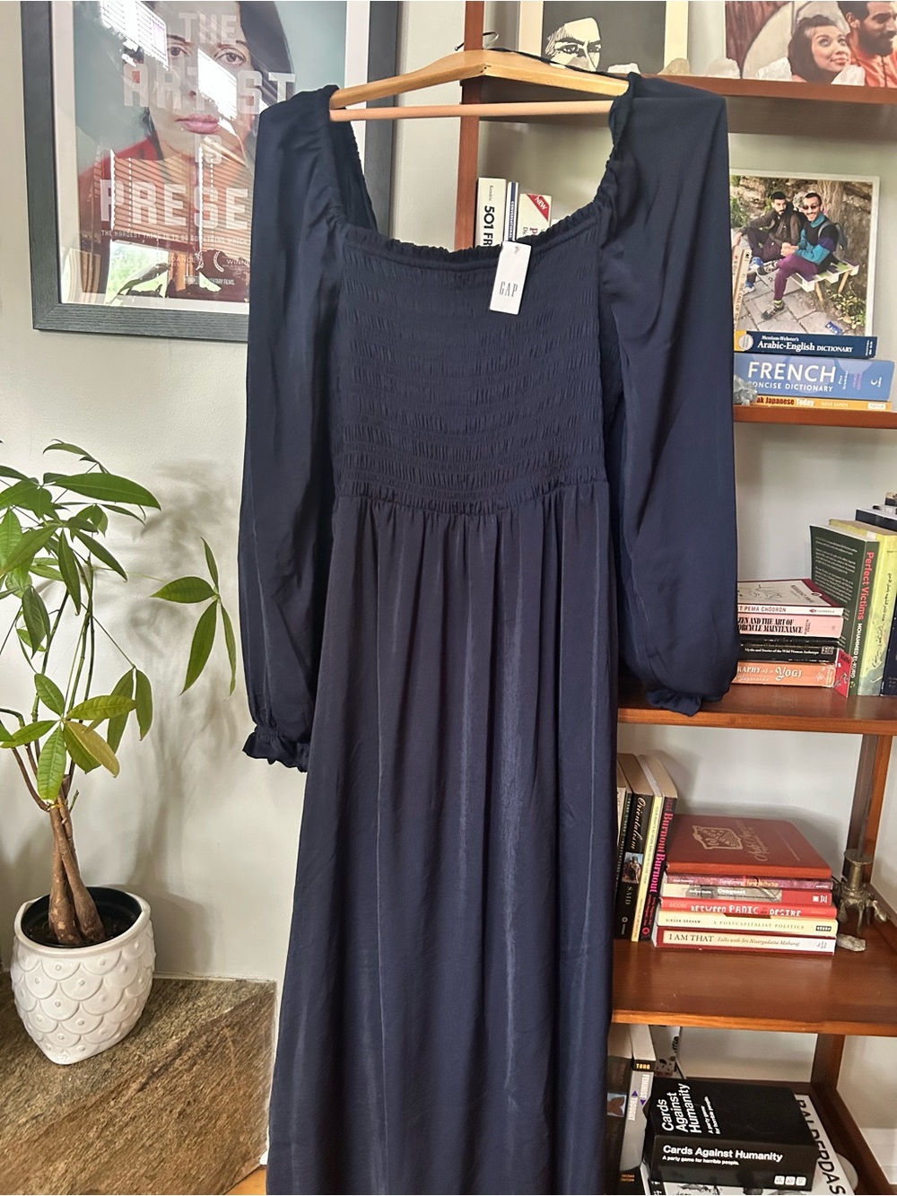 GAP Navy Long-Sleeve Smocked Square-Neck Maxi Dress